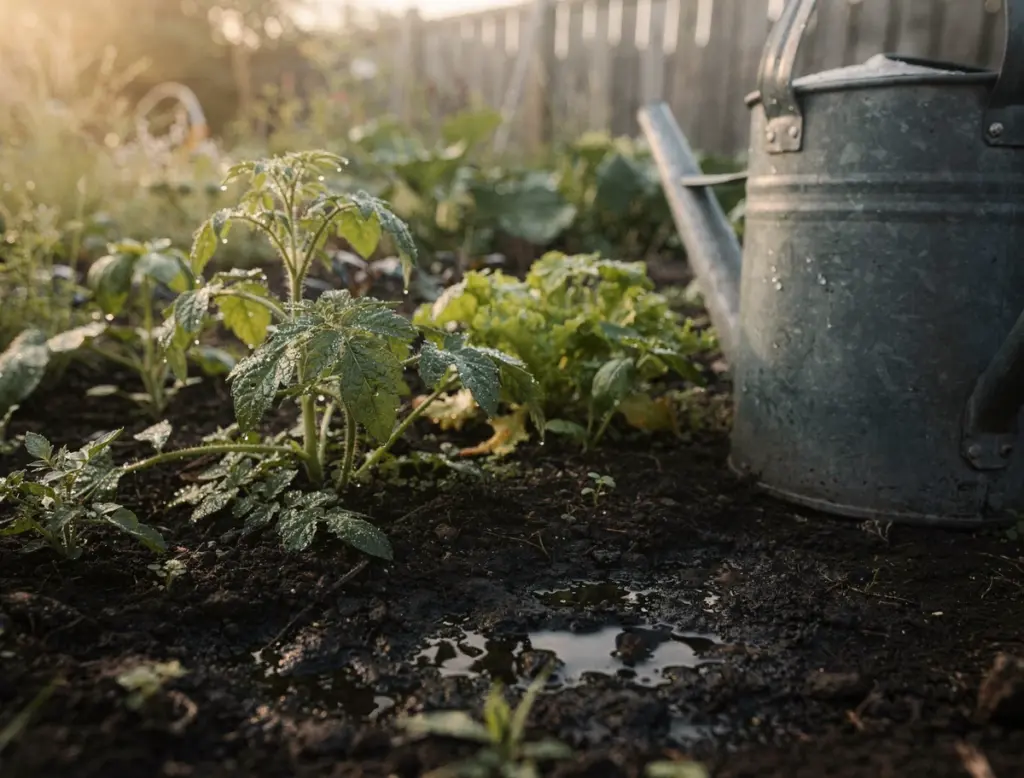 Garten gießen im Sommer: frisch gegossenes Gemüsebeet mit Wassertropfen