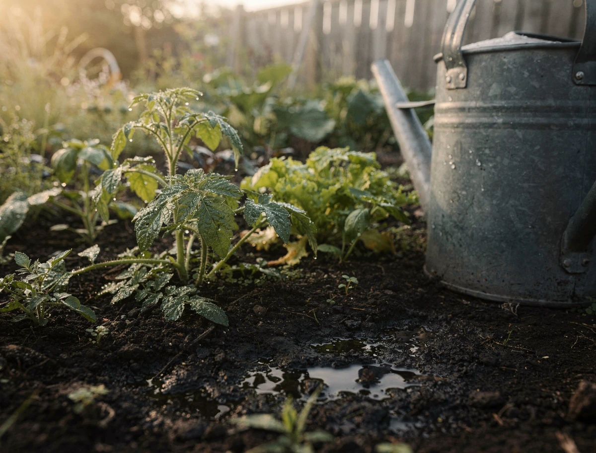 Garten gießen im Sommer: frisch gegossenes Gemüsebeet mit Wassertropfen