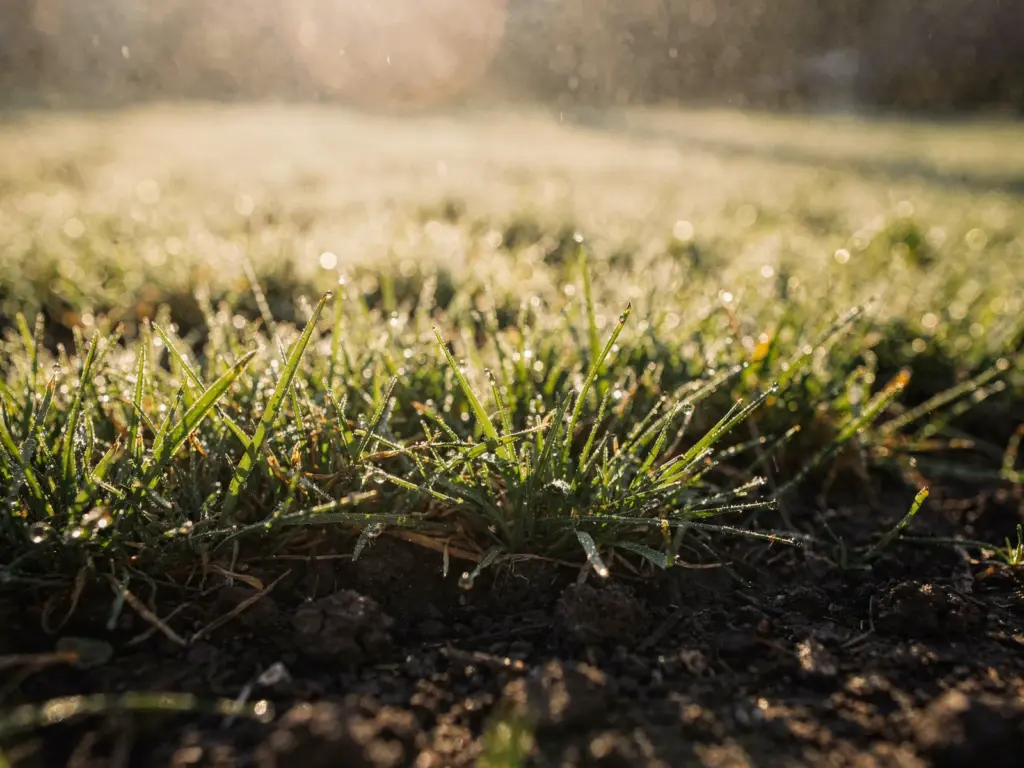 Rasen im frühen Morgenlicht mit Tautropfen auf den Halmen