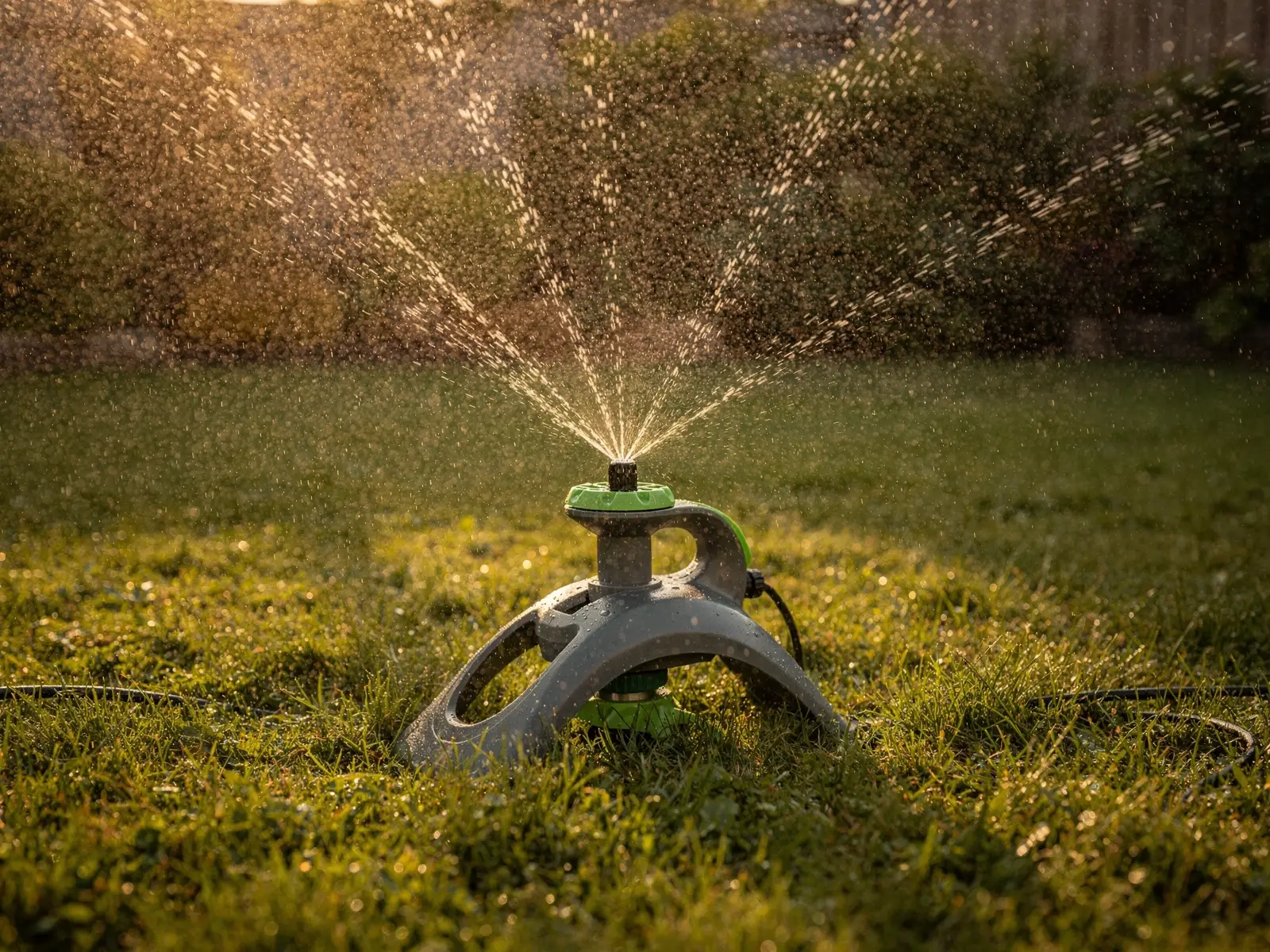 Rasensprenger verteilt Wasser über den Rasen im Abendlicht
